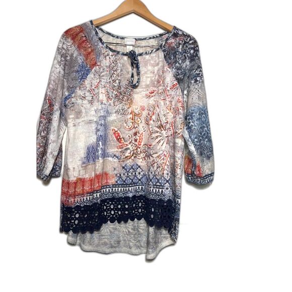 Chico's Blouse 2 L Boho Tunic Top Flowy Art to Wear Peasant Crochet Lace Sleeve - Picture 1 of 5